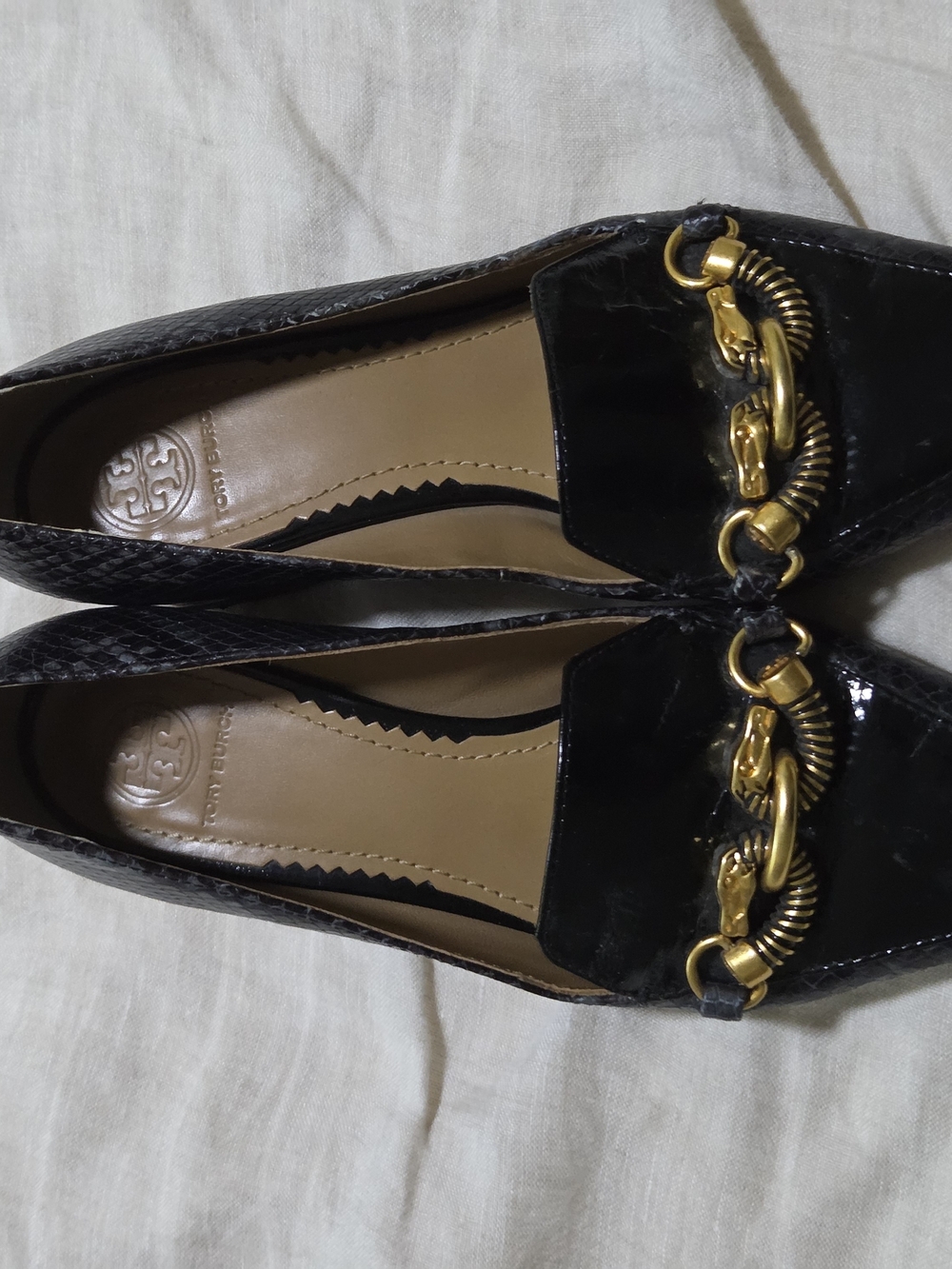 Tory Burch Black Patent & Textured Leather Loafers with Gold Hardware